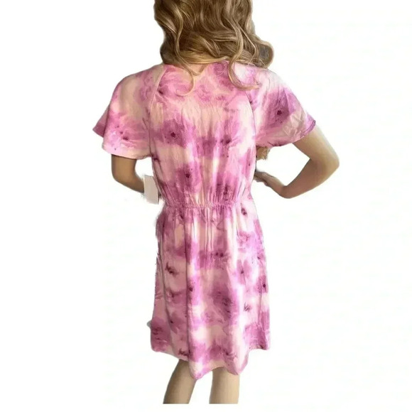 ABOUND Sweetheart Tie Neck Dress Women's Small Pink Abstract Short Sleeve Mini - Picture 5 of 14